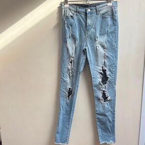 Lolo Distressed Light Blue Women's Jeans Fishnet ripped patches Distressed